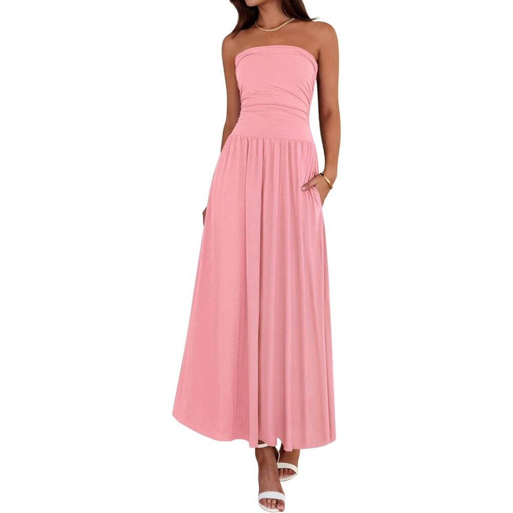Women Pink 2026 Strapless Ruched Tube Top Beach Vacation Spring Maxi Dress